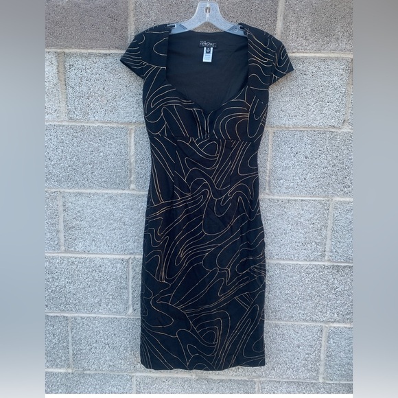 CACHE CONTOUR COLLECTION Blk Metallic Golden Swirl Print Dress Made USA Size 8 - Picture 1 of 12